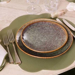 Jogo americano redondo impermeável dupla face couro sintético bege e verde Lolahome