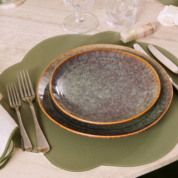 Jogo americano redondo impermeável dupla face couro sintético bege e verde Lolahome