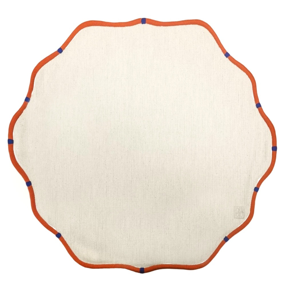 Jogo americano redondo de algodão bege com bordados laranja 43cm - Lolahome