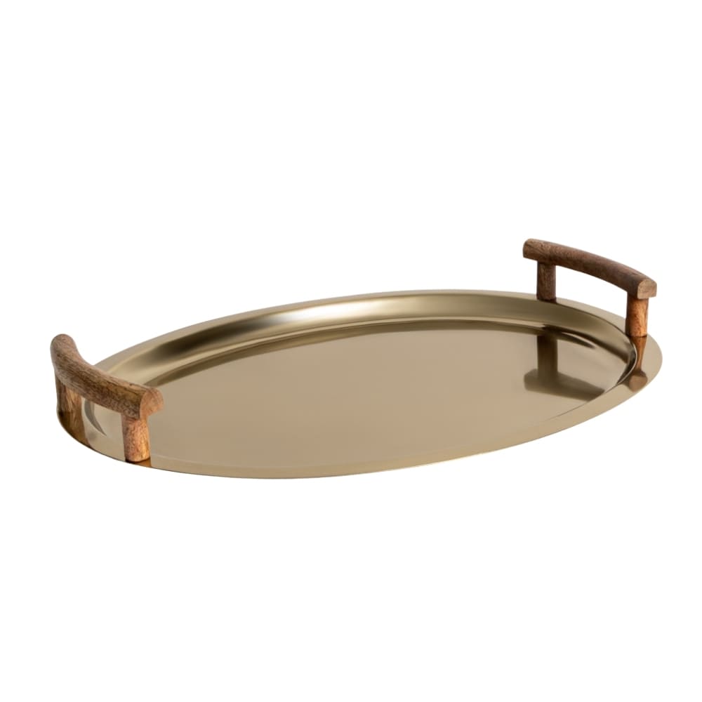Bandeja metal dourada com alças de madeira 45 cm