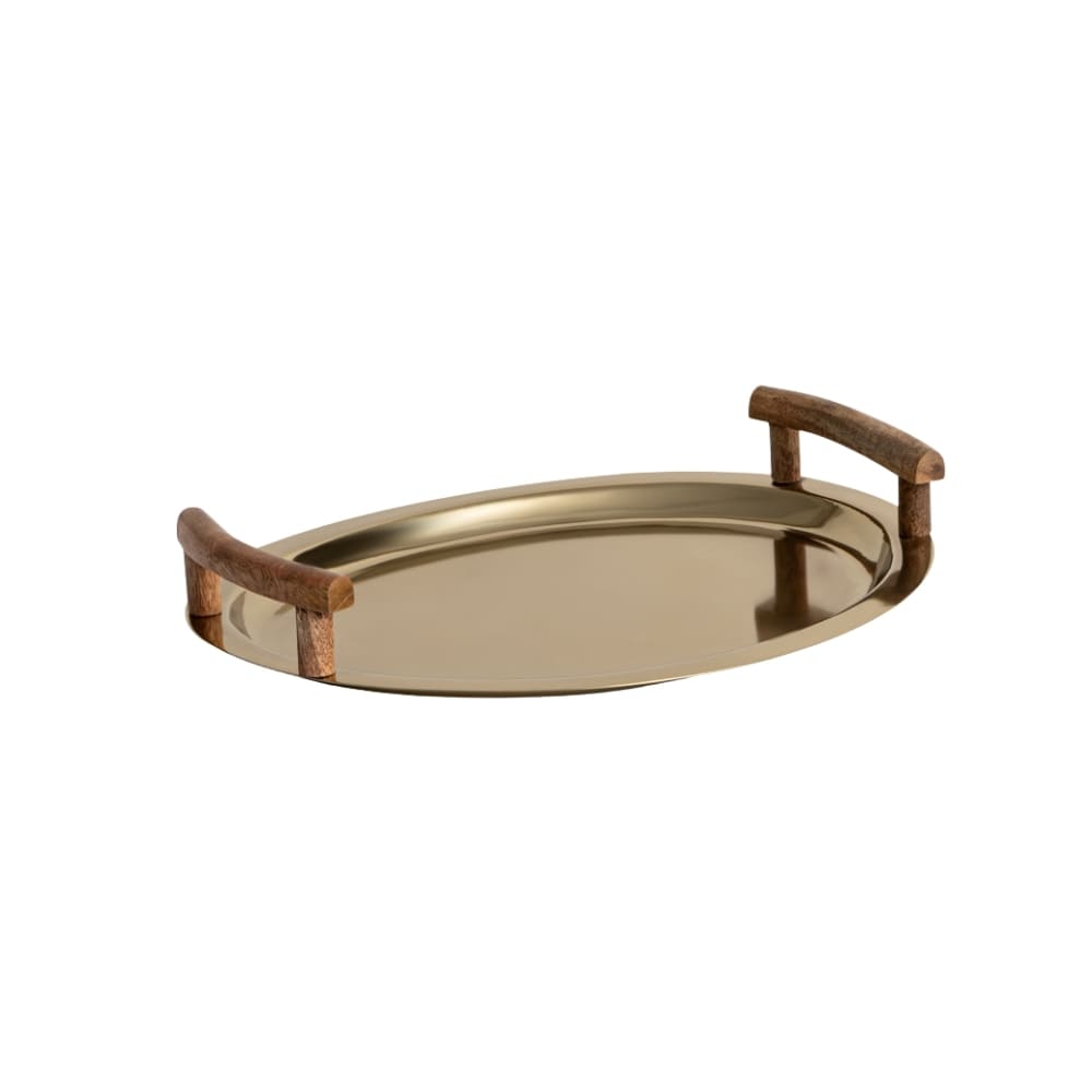 Bandeja metal dourada com alças de madeira 36 cm
