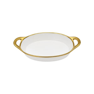 TRAVESSA OVAL EM CERÂMICA BASIC BRANCA E DOURADA 41CM