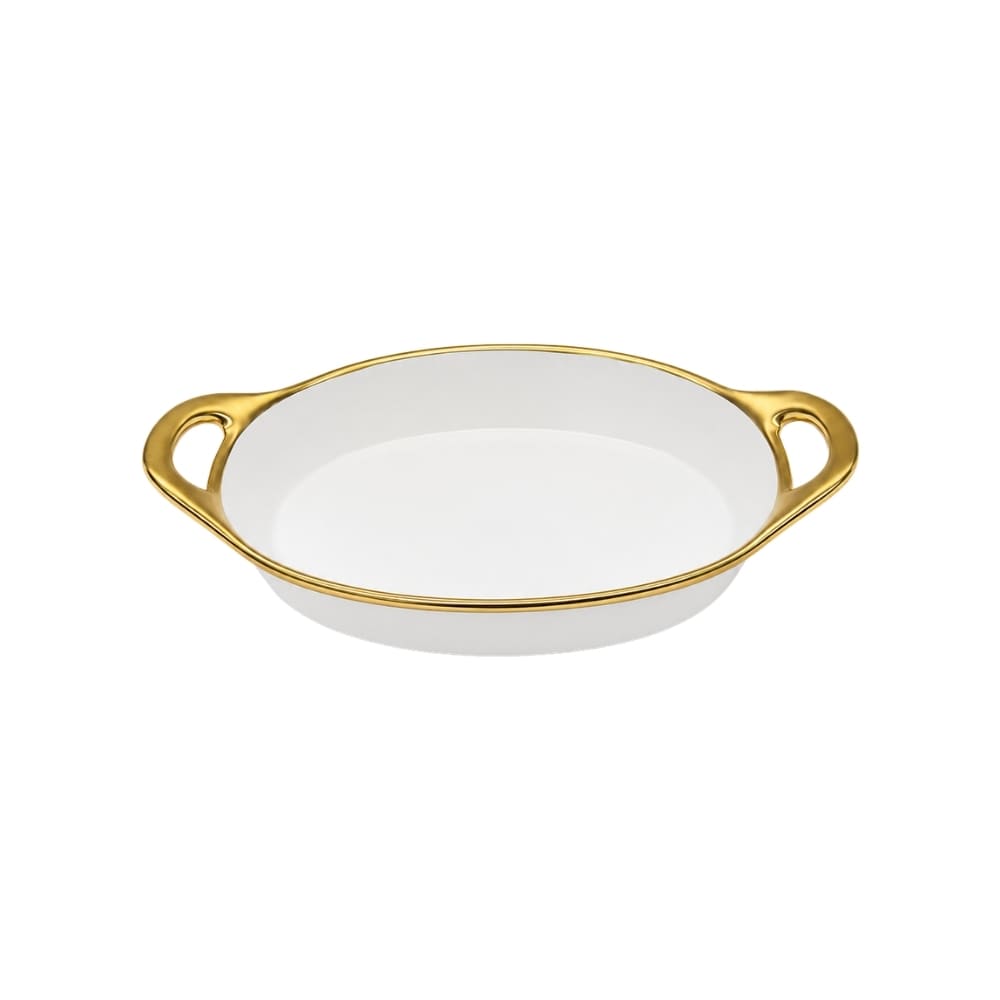 TRAVESSA OVAL EM CERÂMICA BASIC BRANCA E DOURADA 41CM