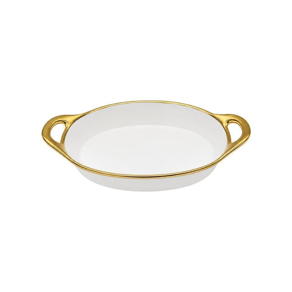 TRAVESSA OVAL EM CERÂMICA BASIC BRANCA E DOURADA 41CM