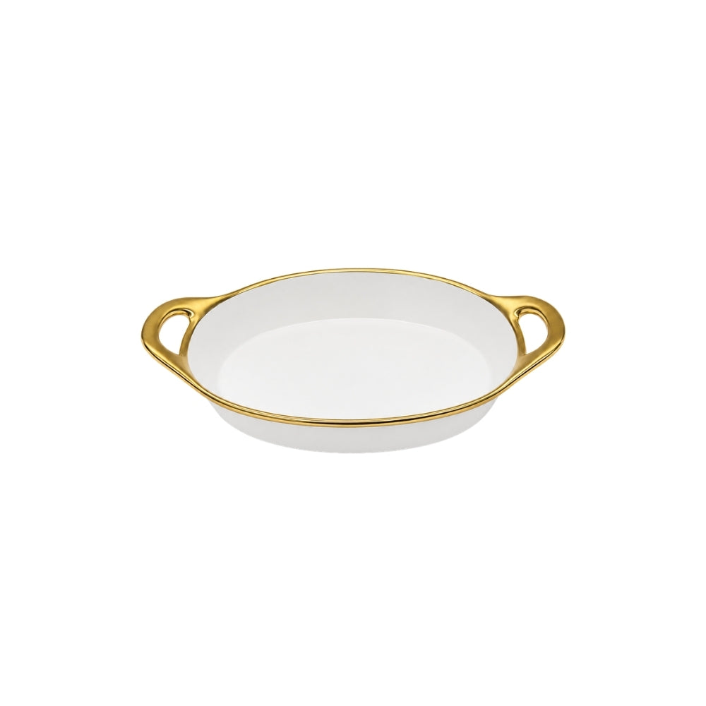 TRAVESSA OVAL EM CERÂMICA BASIC BRANCA E DOURADA 36CM