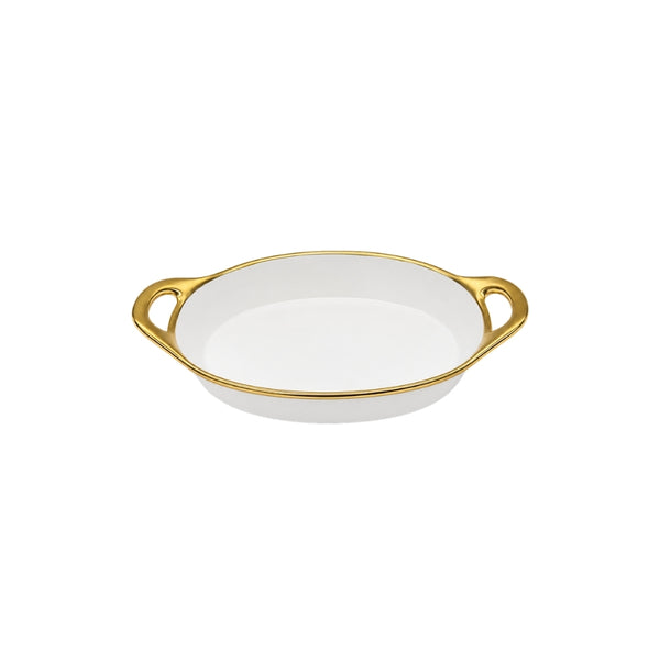 TRAVESSA OVAL EM CERÂMICA BASIC BRANCA E DOURADA 36CM