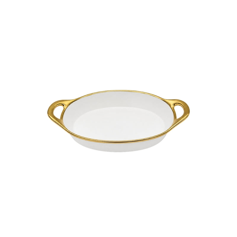TRAVESSA OVAL EM CERÂMICA BASIC BRANCA E DOURADA 36CM