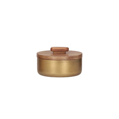 Pote decorativo Golden com tampa de madeira e acabamento em metal envelhecido, 8cm