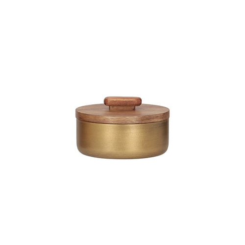 Pote decorativo Golden com tampa de madeira e acabamento em metal envelhecido, 8cm