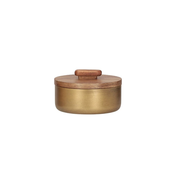 Pote decorativo Golden com tampa de madeira e acabamento em metal envelhecido, 8cm