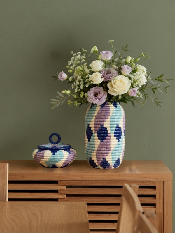 CAIXA EM CERÂMICA IKAT AZUL E ROXO 19CM