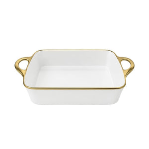 TRAVESSA RETANGULAR EM CERÂMICA BASIC BRANCA E DOURADA 43,5CM