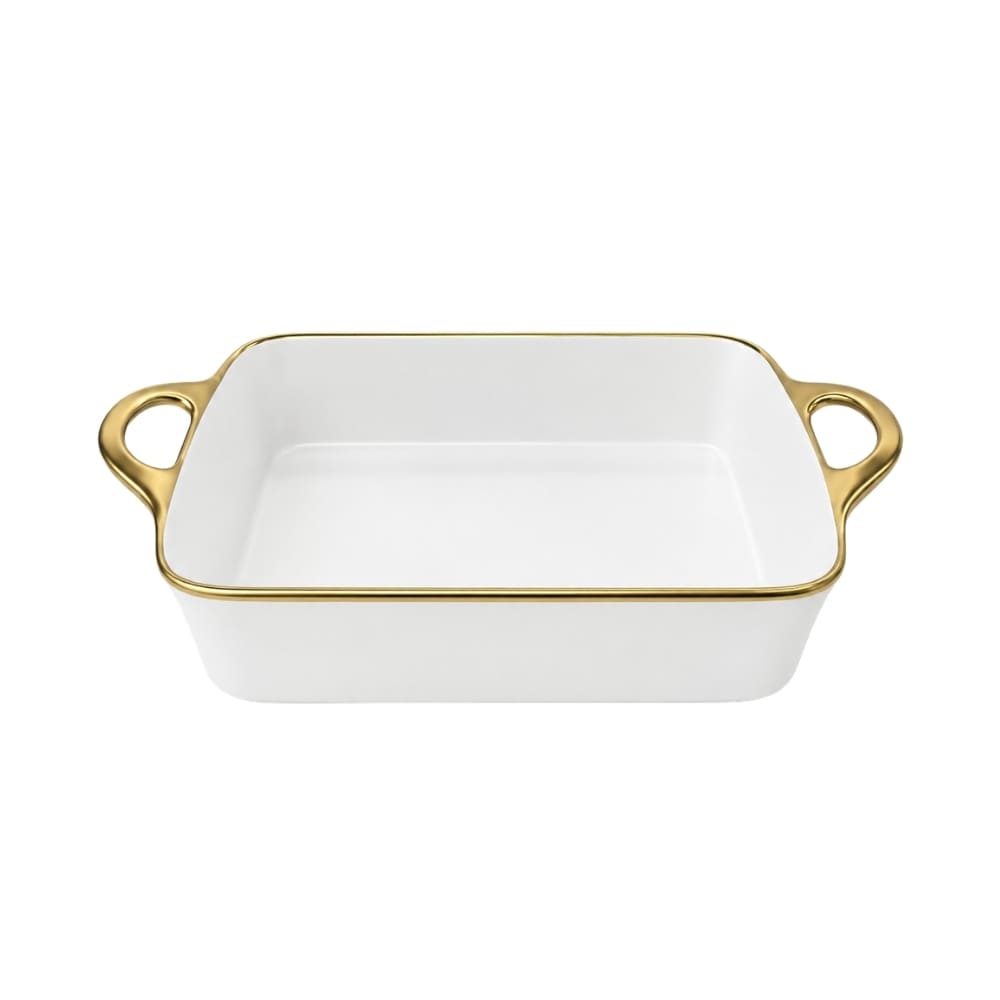 TRAVESSA RETANGULAR EM CERÂMICA BASIC BRANCA E DOURADA 43,5CM