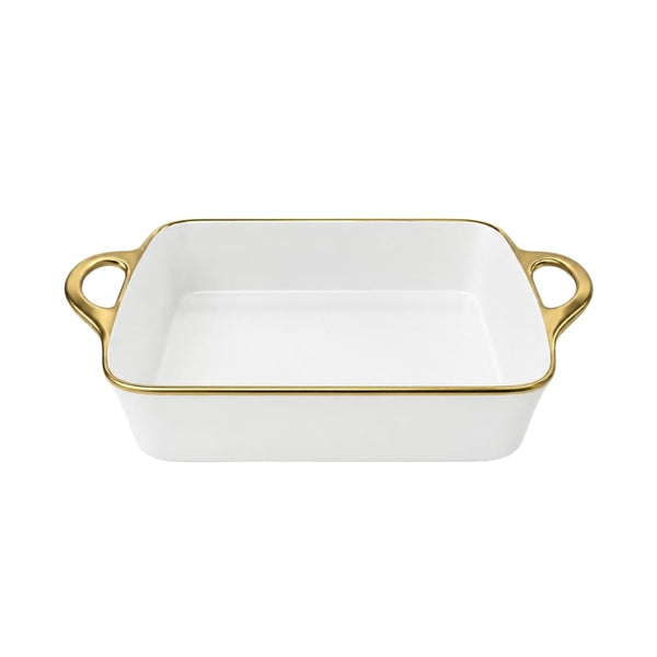 TRAVESSA RETANGULAR EM CERÂMICA BASIC BRANCA E DOURADA 43,5CM