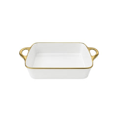 TRAVESSA RETANGULAR EM CERÂMICA BASIC BRANCA E DOURADA 37,5CM