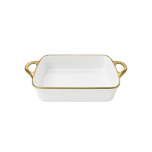 TRAVESSA RETANGULAR EM CERÂMICA BASIC BRANCA E DOURADA 37,5CM
