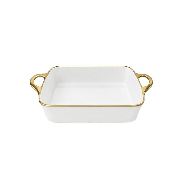 TRAVESSA RETANGULAR EM CERÂMICA BASIC BRANCA E DOURADA 37,5CM