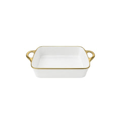 TRAVESSA RETANGULAR EM CERÂMICA BASIC BRANCA E DOURADA 33CM