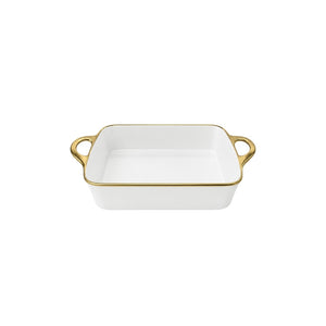 TRAVESSA RETANGULAR EM CERÂMICA BASIC BRANCA E DOURADA 33CM