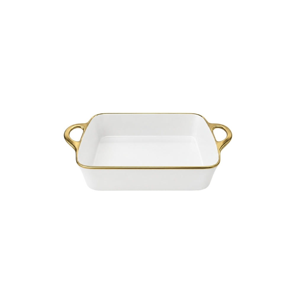 TRAVESSA RETANGULAR EM CERÂMICA BASIC BRANCA E DOURADA 33CM