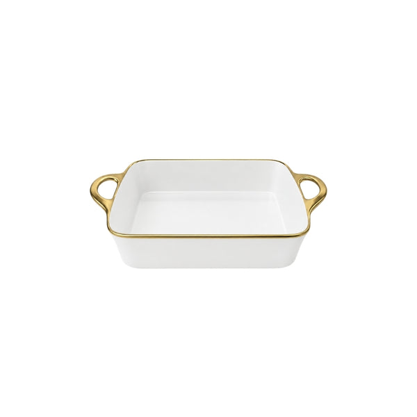 TRAVESSA RETANGULAR EM CERÂMICA BASIC BRANCA E DOURADA 33CM