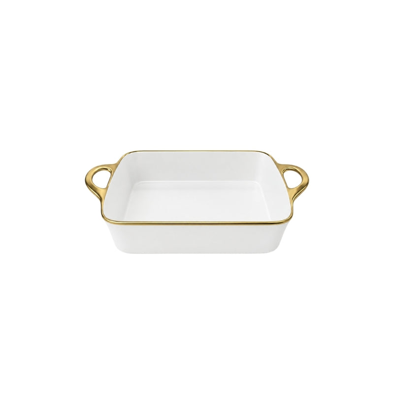 TRAVESSA RETANGULAR EM CERÂMICA BASIC BRANCA E DOURADA 33CM