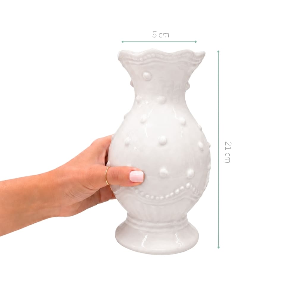 VASO DE CERÂMICA FEITO A MÃO BOLINHAS BRANCA 21CM