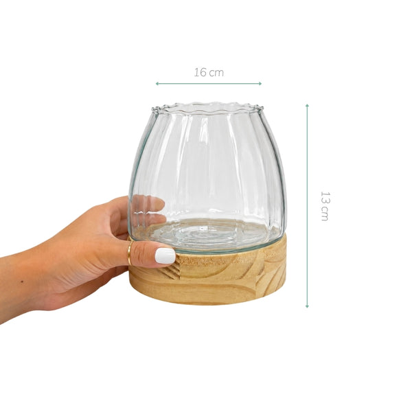 VASO DE VIDRO BASE MADEIRA PARATY P 13CM