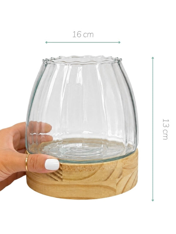 VASO DE VIDRO BASE MADEIRA PARATY P 13CM