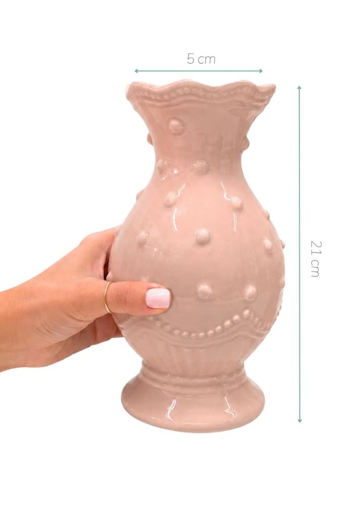 VASO DE CERÂMICA FEITO A MÃO BOLINHAS ROSA 21CM