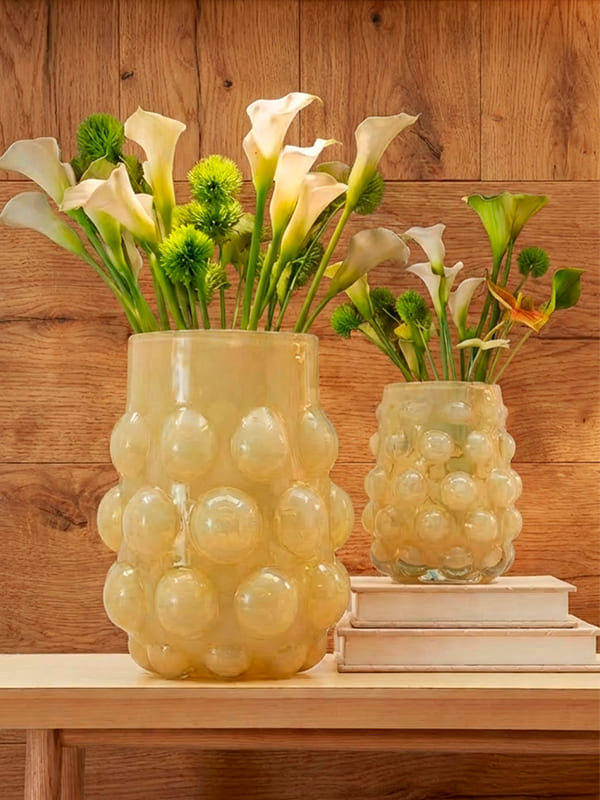 Vaso de vidro Dots Champagne G 32cm – design moderno com pontos em relevo, 24cm de diâmetro