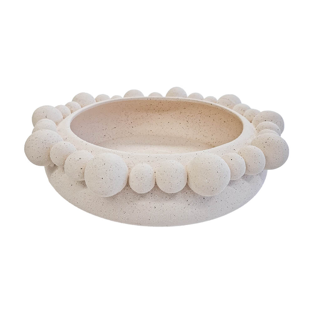 Centro de mesa em cerâmica com textura de esferas na cor marfim, 10x35cm, peça artesanal importada