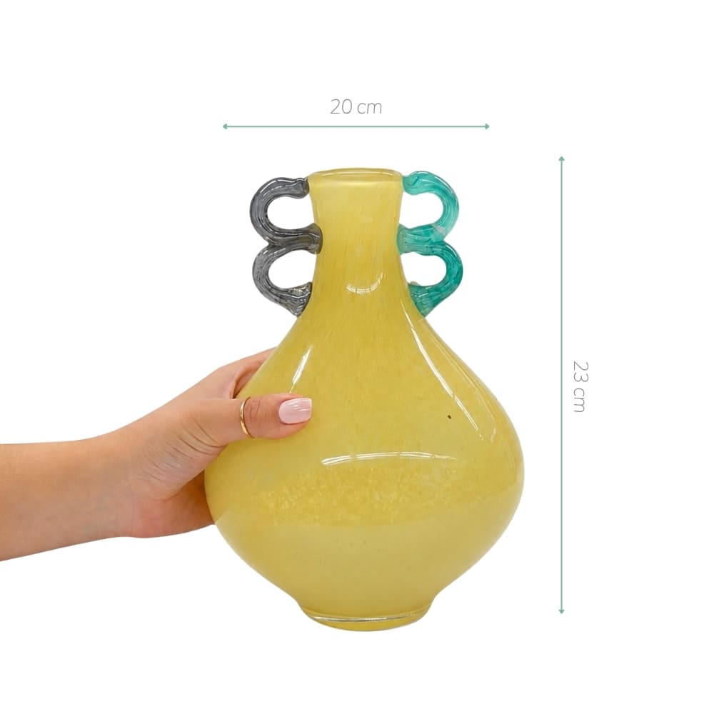 VASO  EM VIDRO FUN BEGE COM ALCAS AZUL E ROXO 23CM