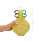 VASO  EM VIDRO FUN BEGE COM ALCAS AZUL E ROXO 23CM