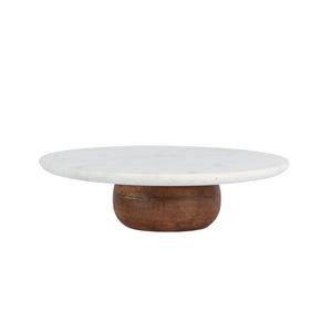 Prato alto decorativo em mármore natural com base de madeira, 30cm de diâmetro, cor natural com veios únicos