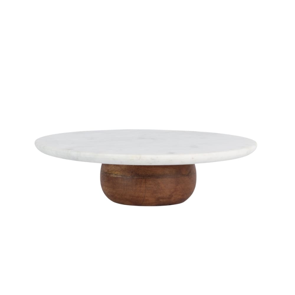 Prato alto decorativo em mármore natural com base de madeira, 30cm de diâmetro, cor natural com veios únicos