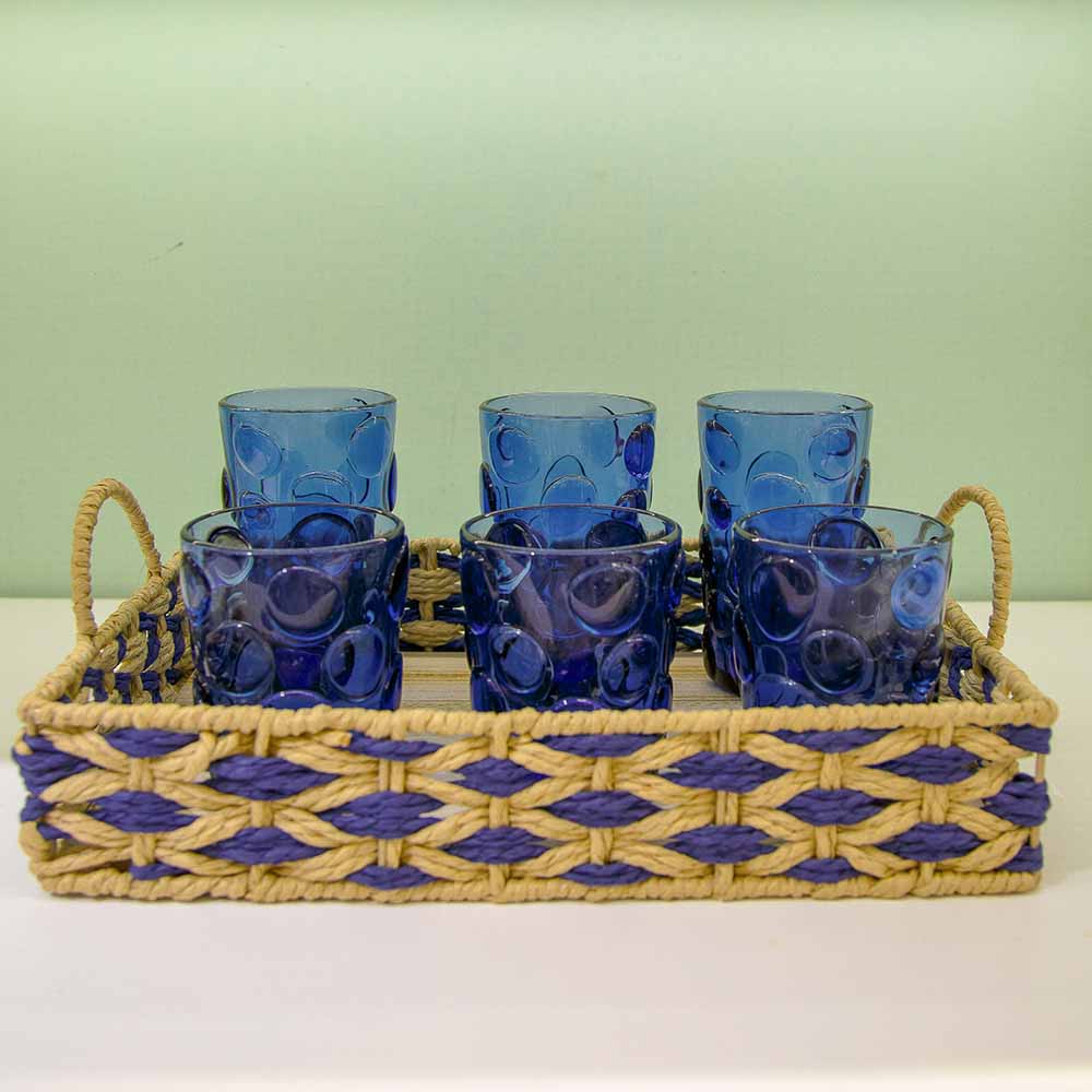 BANDEJA EM MADEIRA PALHA ENTRELACE  AZUL M 35x25CM