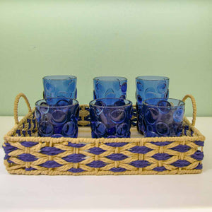 BANDEJA EM MADEIRA PALHA ENTRELACE  AZUL M 35x25CM