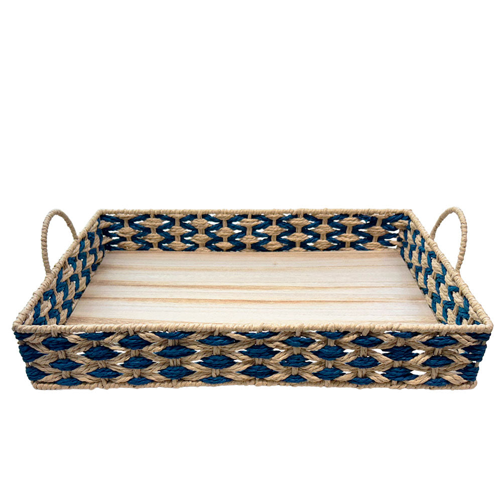 BANDEJA EM MADEIRA PALHA ENTRELACE  AZUL G 48x32CM