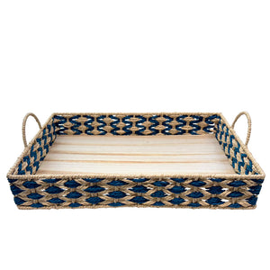 BANDEJA EM MADEIRA PALHA ENTRELACE  AZUL G 48x32CM