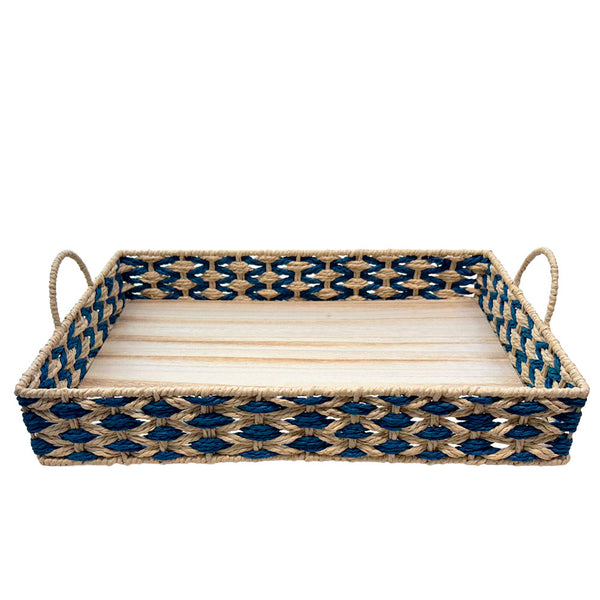 BANDEJA EM MADEIRA PALHA ENTRELACE  AZUL G 48x32CM