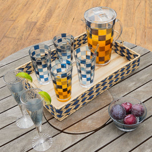 BANDEJA EM MADEIRA PALHA ENTRELACE  AZUL G 48x32CM