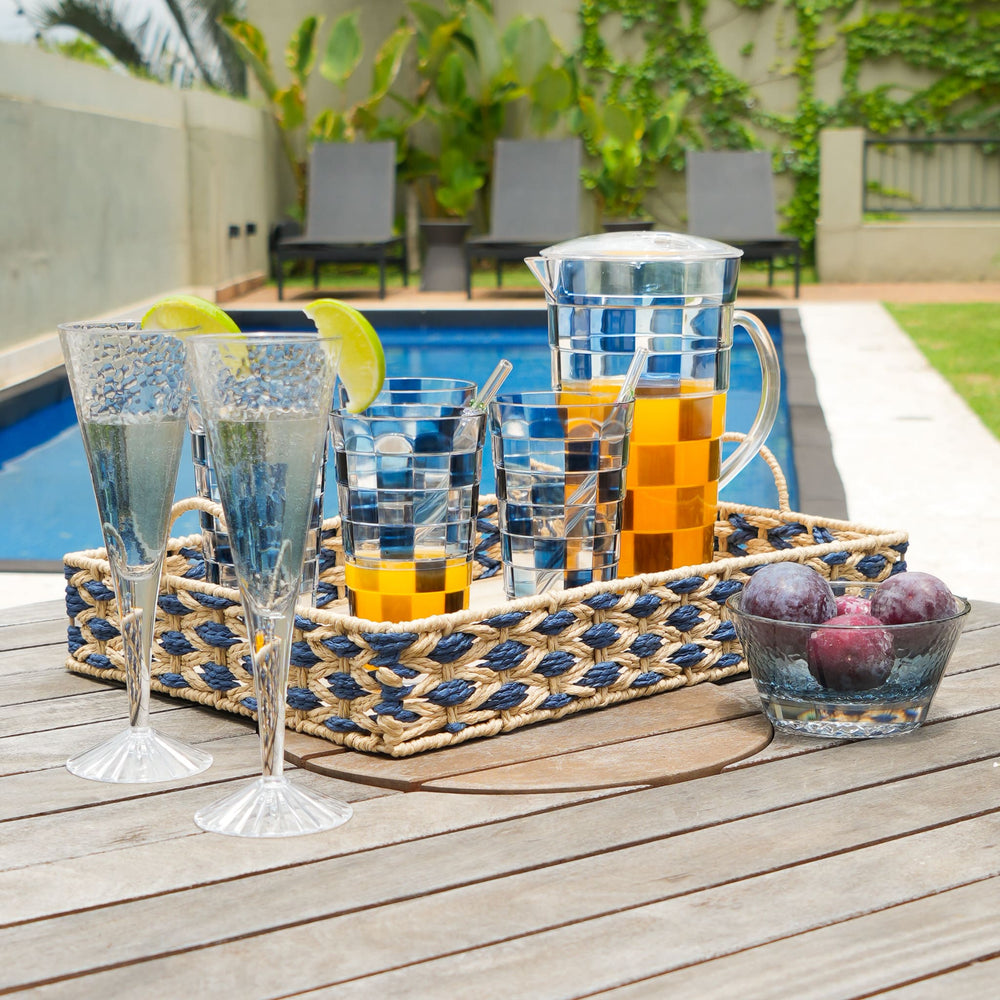 BANDEJA EM MADEIRA PALHA ENTRELACE  AZUL G 48x32CM