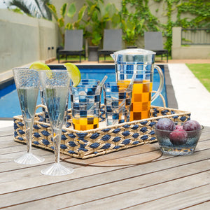 BANDEJA EM MADEIRA PALHA ENTRELACE  AZUL G 48x32CM