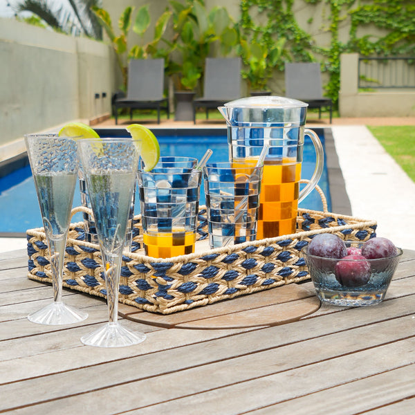 BANDEJA EM MADEIRA PALHA ENTRELACE  AZUL G 48x32CM