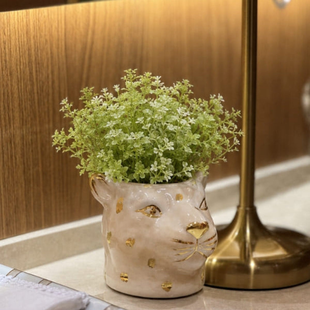 VASO CERÂMICA ARTESANAL COM OURO BEGE LEOPARDO P 7CM