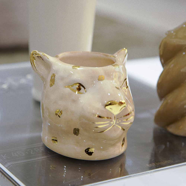 VASO CERÂMICA ARTESANAL COM OURO BEGE LEOPARDO P 7CM
