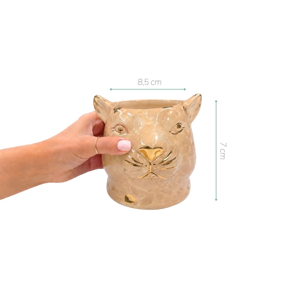 VASO CERÂMICA ARTESANAL COM OURO BEGE LEOPARDO P 7CM
