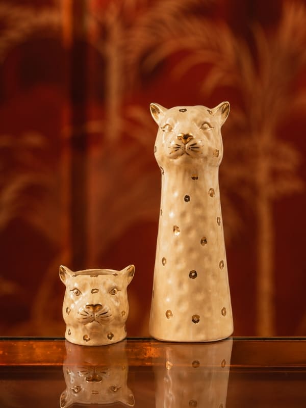 VASO CERÂMICA ARTESANAL COM OURO BEGE LEOPARDO G 22CM