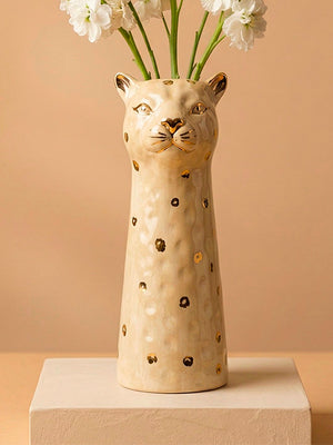 Detalhe dos acabamentos em dourado e ouro do vaso cerâmica leopardo 22 cm – Lolahome